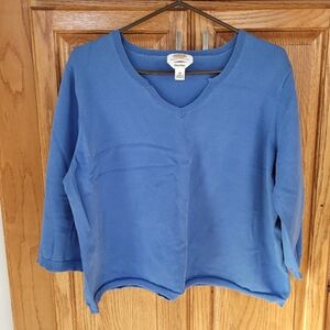 90s Pima Cotton Sky Blue Sweater with Gold-Toned Buttons & Notched Neckline